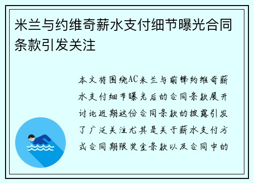 米兰与约维奇薪水支付细节曝光合同条款引发关注